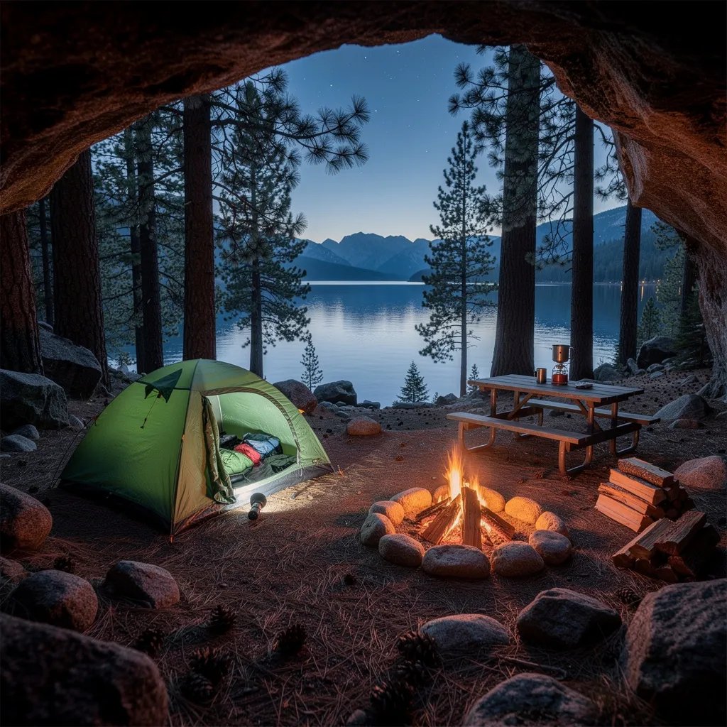 A cozy green tent sits by a wooden picnic table in a pine forest beside a calm lake. Warm firelight flickers on the rocks and needles while the cool blue evening settles in. From the shadow of a small cave, you can see the distant mountain ridge and a starry sky with a faint streak of light.