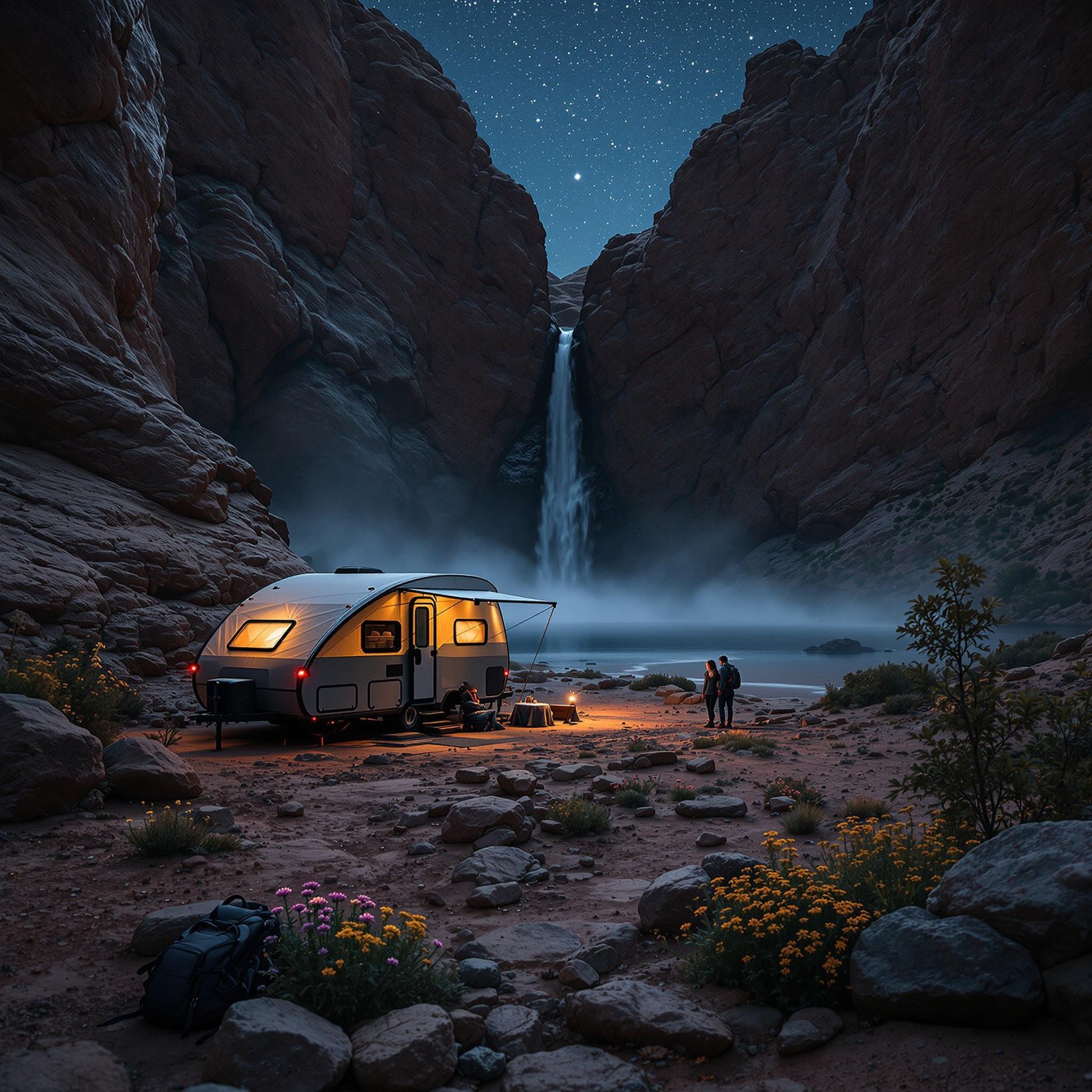Under a sky full of twinkling stars, the campsite sits beside a majestic waterfall nestled between towering cliffs. The cozy glow from the trailer lights up the rocky ground, creating a warm, inviting atmosphere. Wildflowers peek through the stones, adding a touch of color to this peaceful nighttime scene.