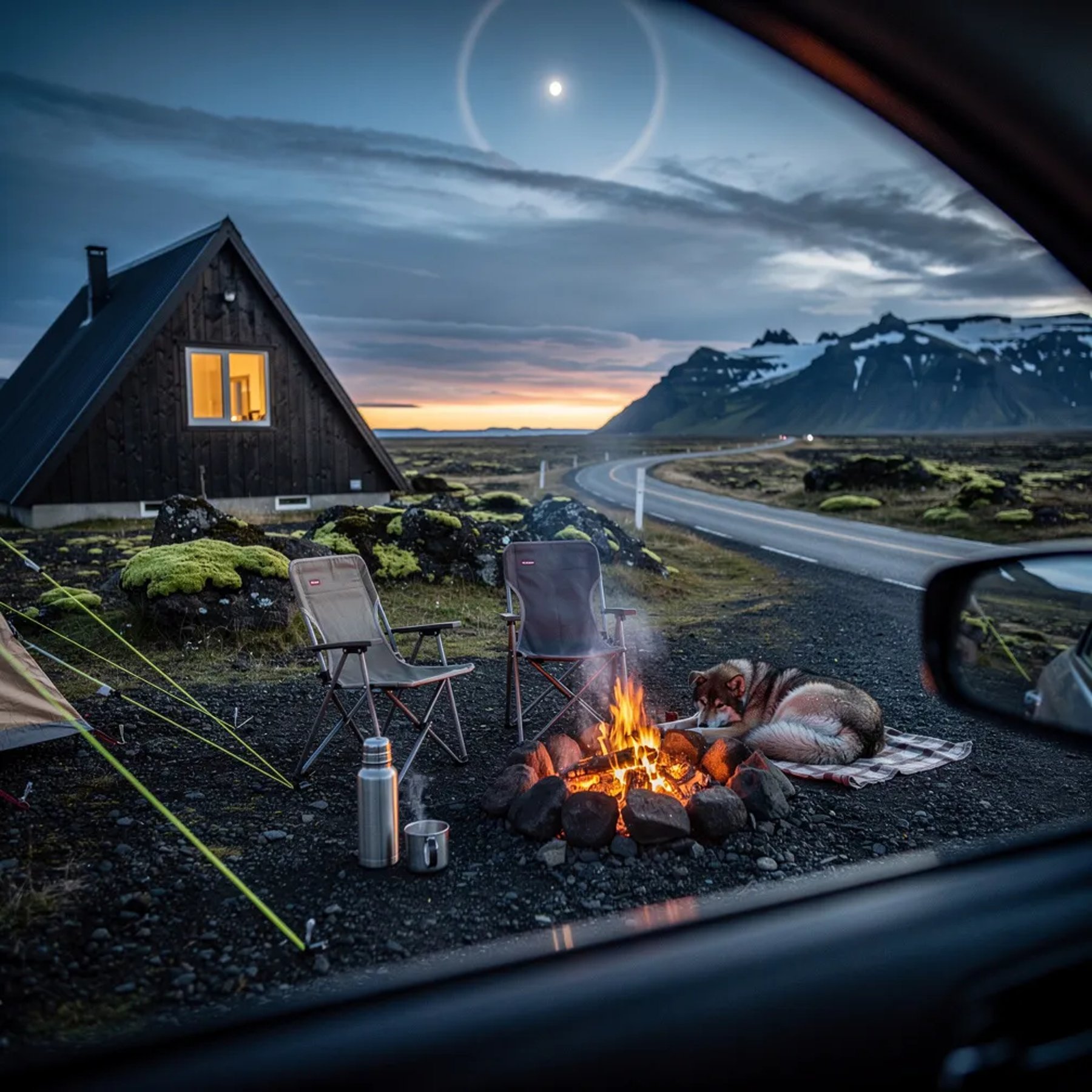 A quiet campsite sits in the Icelandic highlands, with mossy rocks and dark mountains far away. An A‑frame cabin glows softly while a small campfire warms two empty chairs. A dog sleeps close to the fire, and a steaming thermos sits nearby as thin smoke drifts into the cold blue evening.