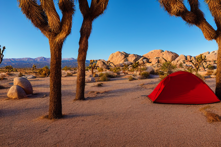 A bright red tent rests on a paved campsite among Joshua Tree’s boulders and dusty ground. At sunrise, a wooden guitar waits nearby, while a hammock hangs between the trees. The clear sky brings a calm, warm feeling to the camp.
