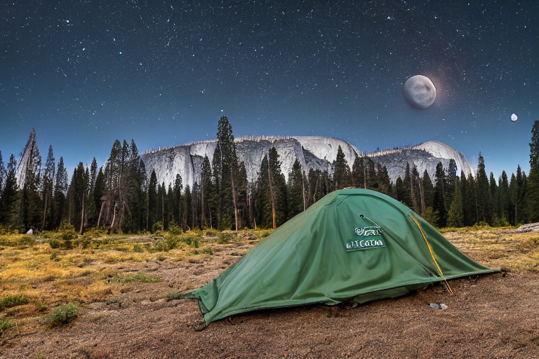 A green tent rests on a quiet paved campsite in Yosemite at night. Boulders and dirt surround the site, while a distant moon glows through the cloudy sky.