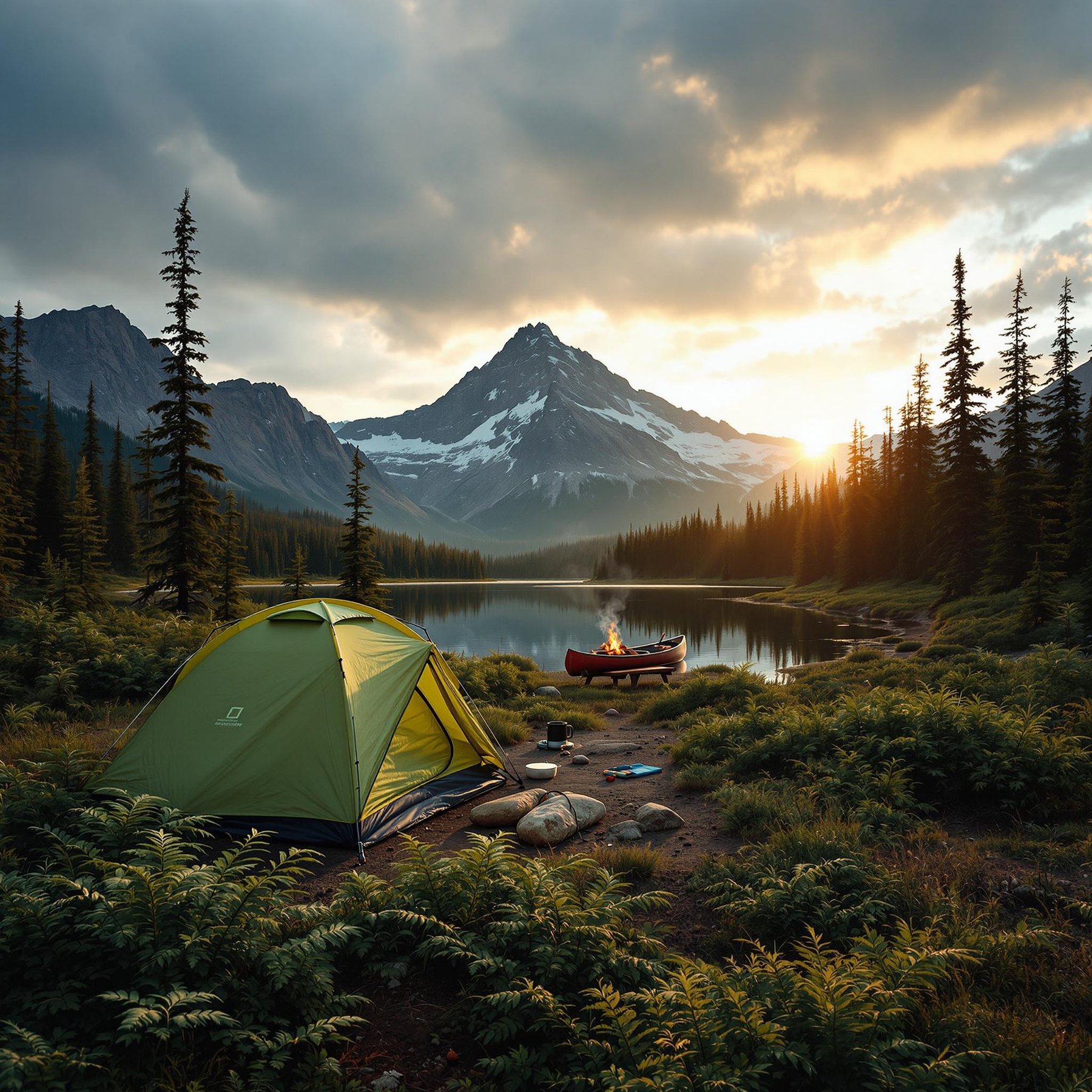 A green tent rests among ferns on the shore of Glacier National Park. Mountains rise behind it as campfire smoke drifts into the cool, cloudy air. A picnic table with a small camping stove adds a cozy touch beneath the fading sunset.
