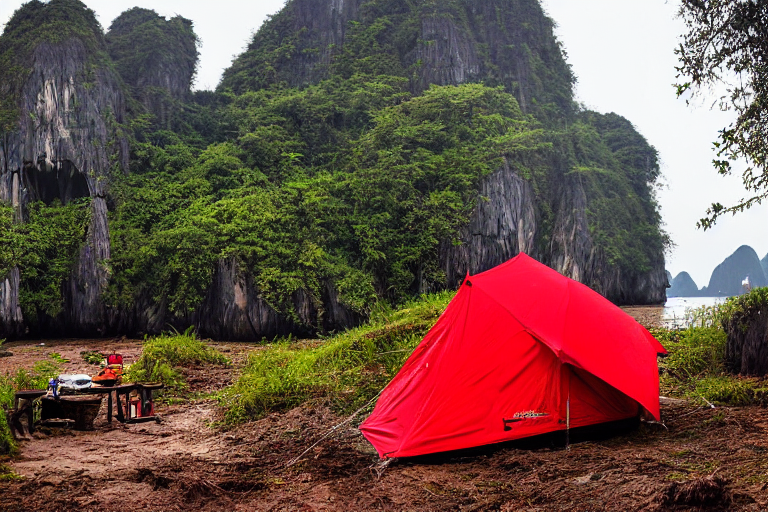 A red tent rests on a dirt campsite in Halong Bay as sunset light glows over the scene. Ferns, a wooden log, and a small stream surround the camp, while snow falls softly and surfers move in the distance.
