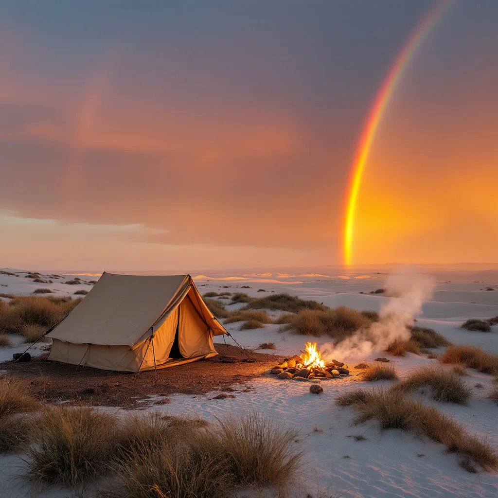 A tan tent rests among overgrown grass at White Sands as the sun sets. A warm campfire glows nearby, with marshmallows roasting beside an outdoor shower screen. Dusty air and a bright double rainbow fill the sky.