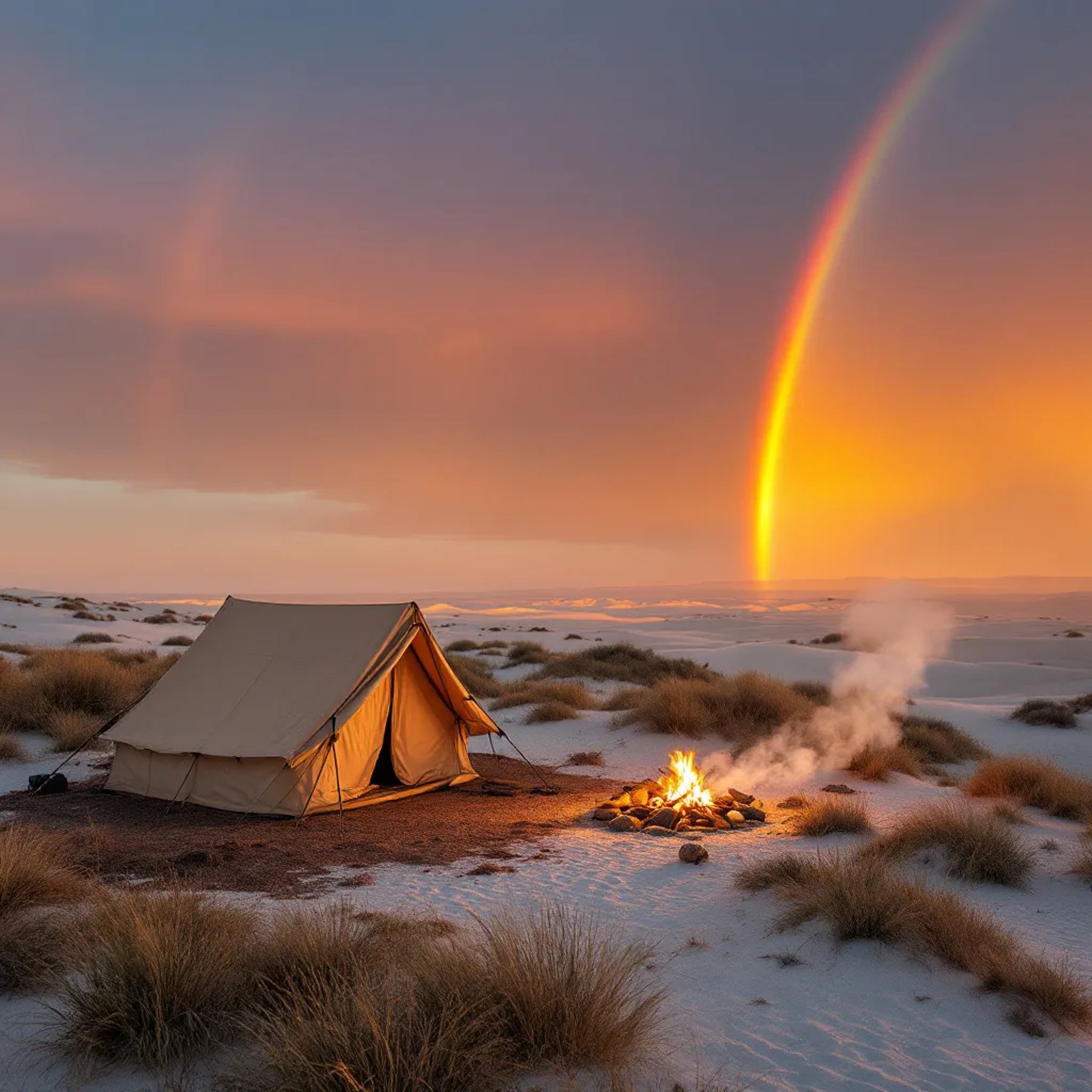 A tan tent rests among overgrown grass at White Sands as the sun sets. A warm campfire glows nearby, with marshmallows roasting beside an outdoor shower screen. Dusty air and a bright double rainbow fill the sky.