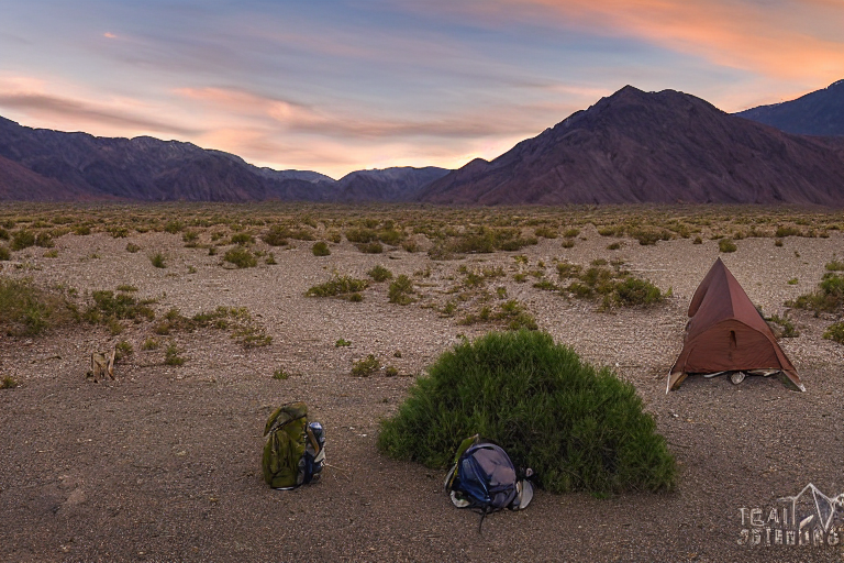 A brown tent rests on a dusty patch in the rugged desert at golden hour. Ferns and a backpack sit nearby, while a lone deer stands in the distance. Warm sunlight gives the quiet campsite a peaceful glow.