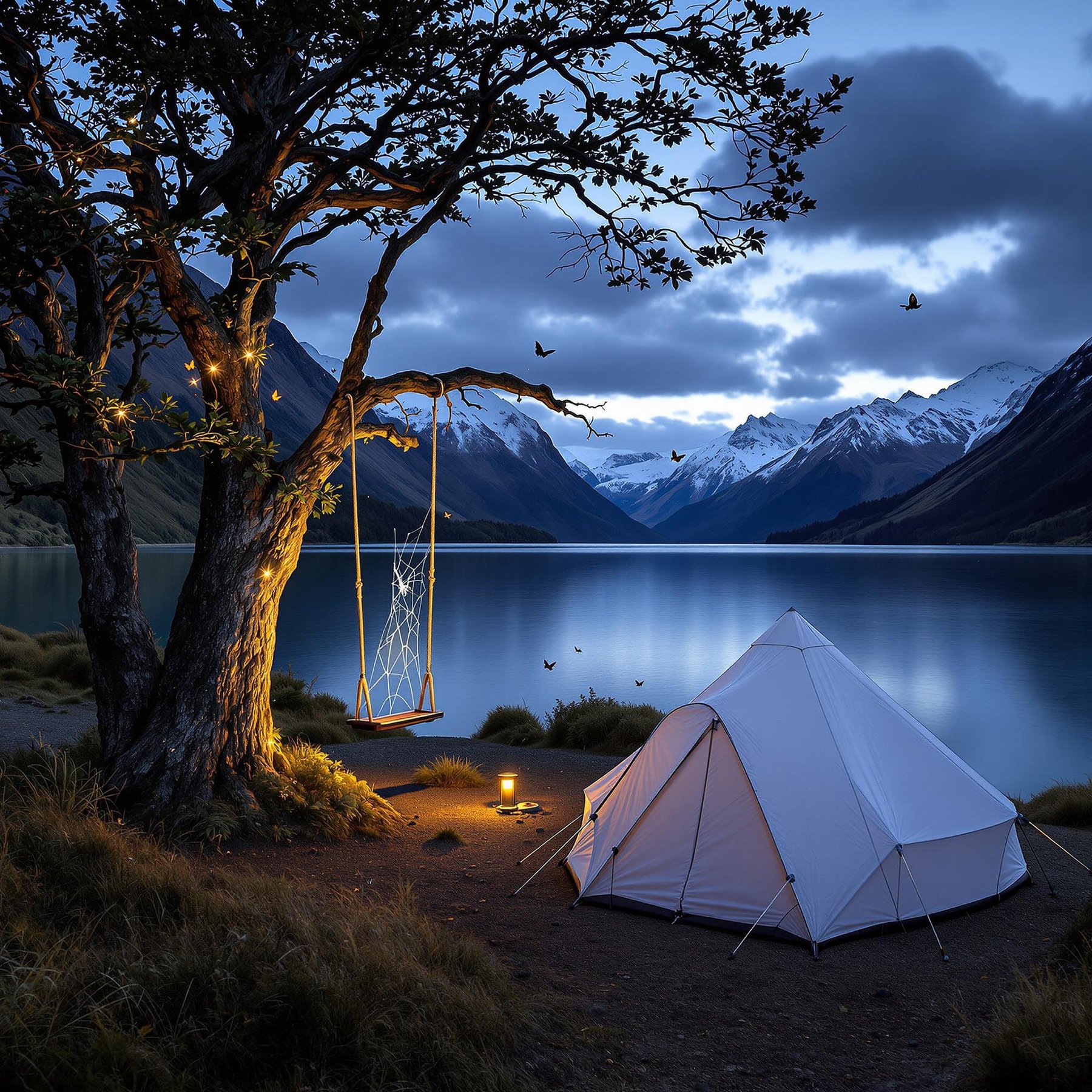 A cozy tent sits by a sparkling lake, surrounded by tall, snowy mountains. A tree with twinkling lights and a swing adds magic to the scene. Birds fly across the twilight sky, making it feel like a fairytale.