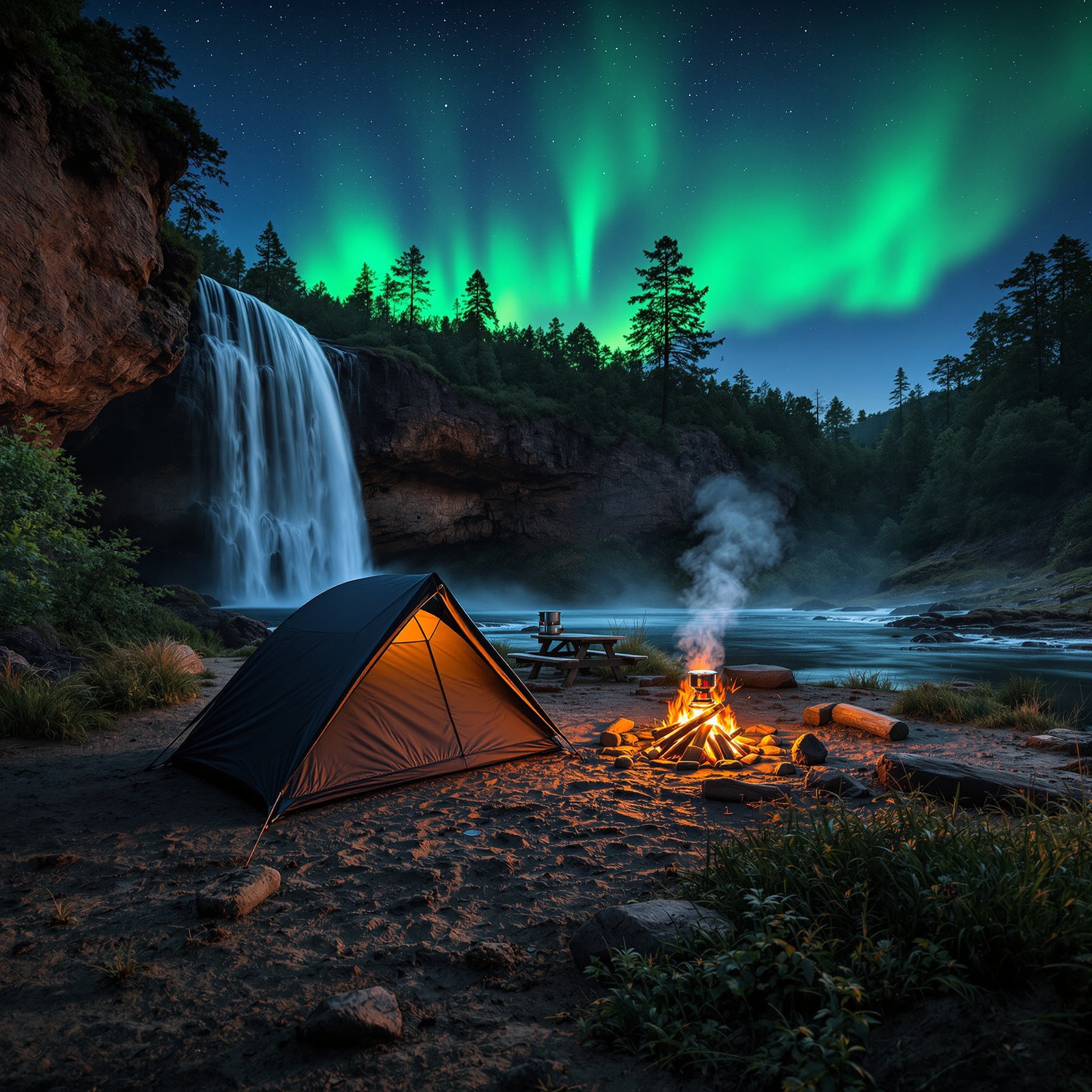 This cozy campsite sits by a roaring waterfall under tall trees, with a glowing campfire and a bright tent. The sky shines with green northern lights, making everything feel magical and peaceful.