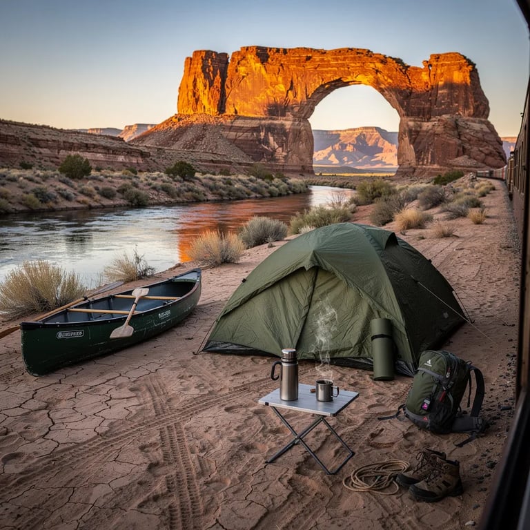 A quiet desert camp sits on sandy ground near a tall sandstone arch, glowing in the warm sunset light. An army-green tent and a little table with a shiny thermos feel cozy in the open air. By the calm river bend, a canoe rests on the bank, and animal tracks weave through the dust toward the distant mountains.