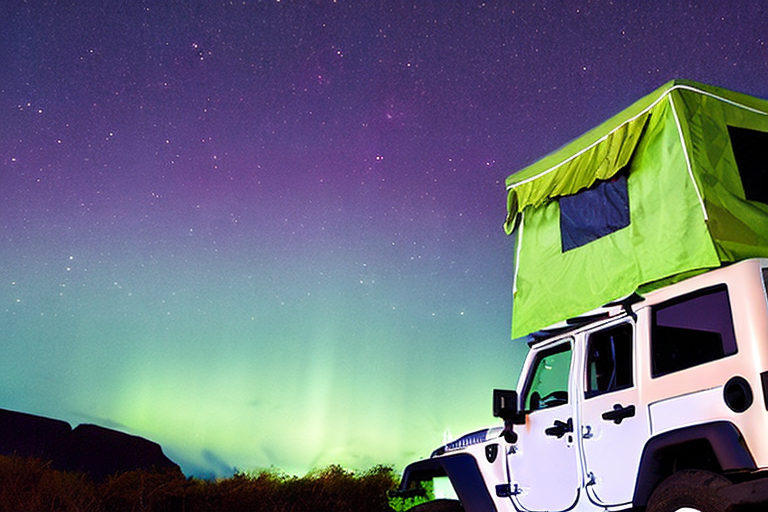 A cozy Jeep with its rooftop tent open rests on a snowy dirt campsite. Above it, bright northern lights dance over dark mountains, while a picnic table waits nearby.
