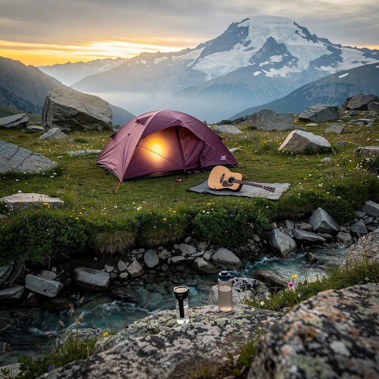 A plum-colored tent sits in a quiet alpine meadow as the sun sets behind far ridges. Soft mist hangs in the air, and a small stream glimmers below the rocky overlook. A warm light glows inside the tent, and a guitar rests nearby, ready for a calm night.
