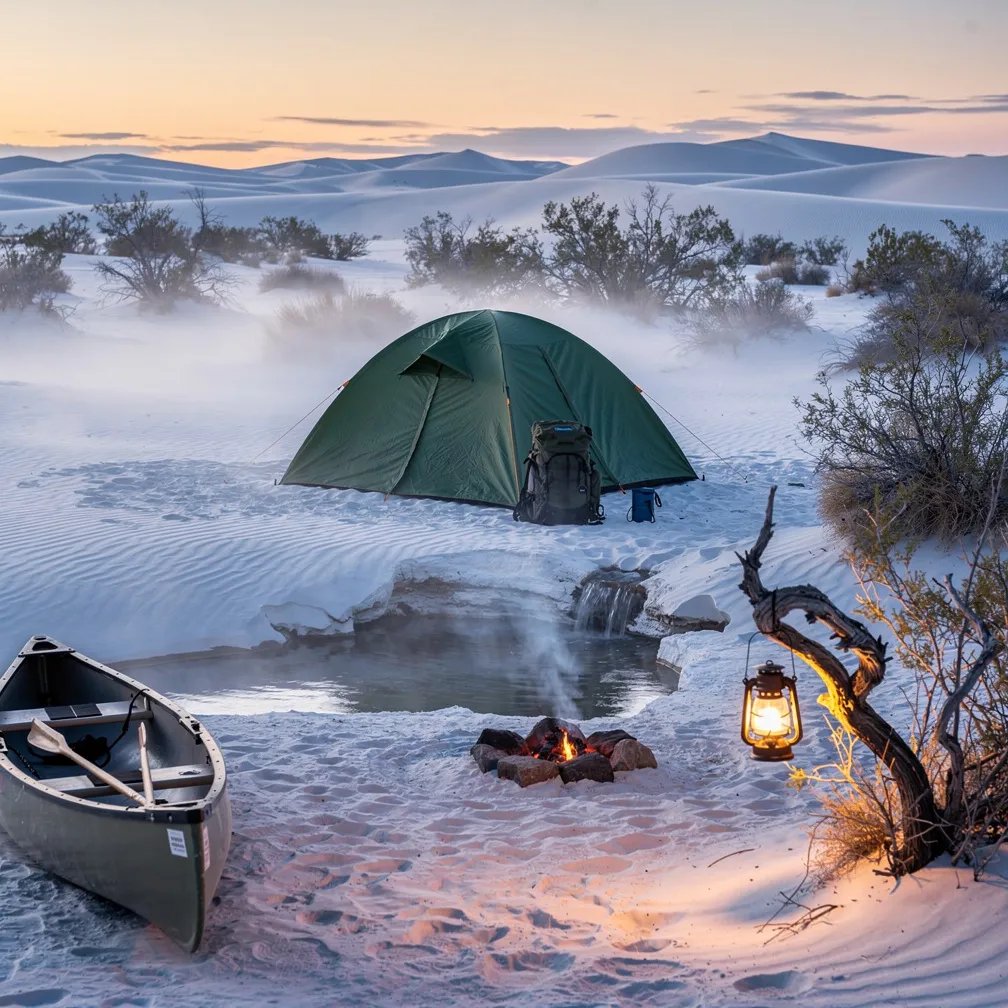 A forest-green tent sits on a white sand dune as the sun begins to rise. Cool fog drifts low across the dunes, while a tiny stream spills over the sand nearby. A canoe rests beside camp, and a solar lantern hangs from a scruffy desert shrub. Thin campfire smoke curls into the quiet morning air.