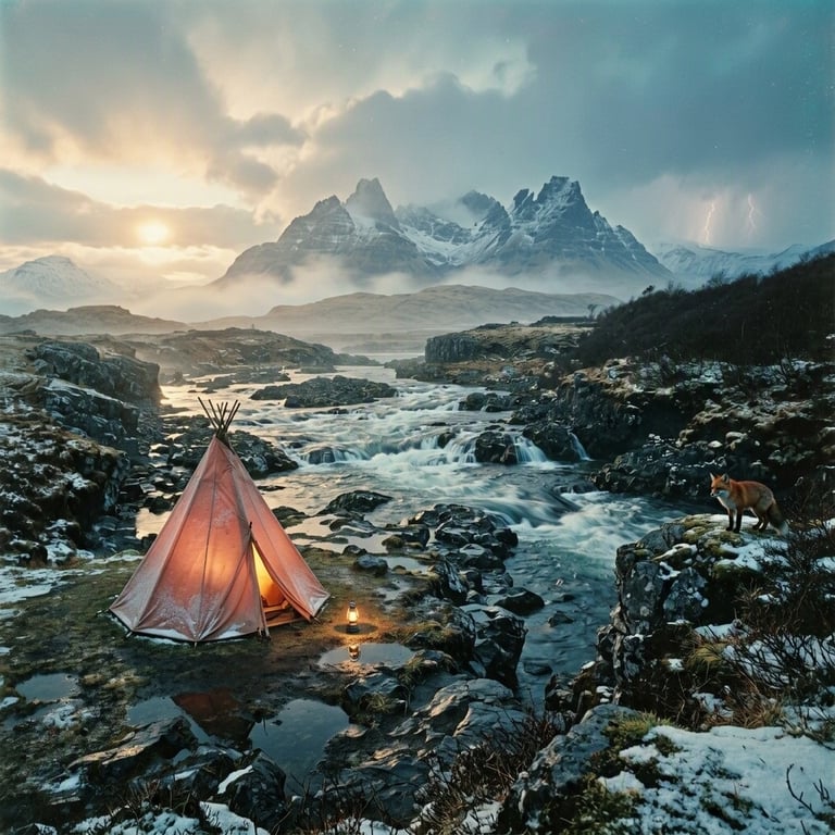 A coral tepee glows beside the rushing River Sligachan, surrounded by dark rocks and blowing snow. A small lantern rests outside, while a red fox watches from the trees. Stormy clouds gather over the distant Cuillin mountains.