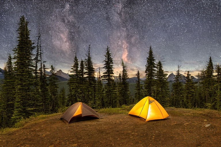 A brown tent rests on a dirt clearing in Glacier National Park, surrounded by tall trees and rolling hills. A warm campfire glows under the starry night sky as hikers enjoy the quiet, rugged campsite.