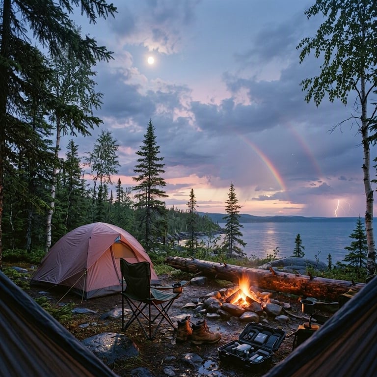 A dusty-rose tent rests in a quiet forest clearing beneath spruce, fir, and birch trees. A small campfire glows beside a fallen log, warming two chairs and a pair of boots. Above the branches, a full moon shines through soft storm clouds, with faint lightning and a rainbow in the distance.
