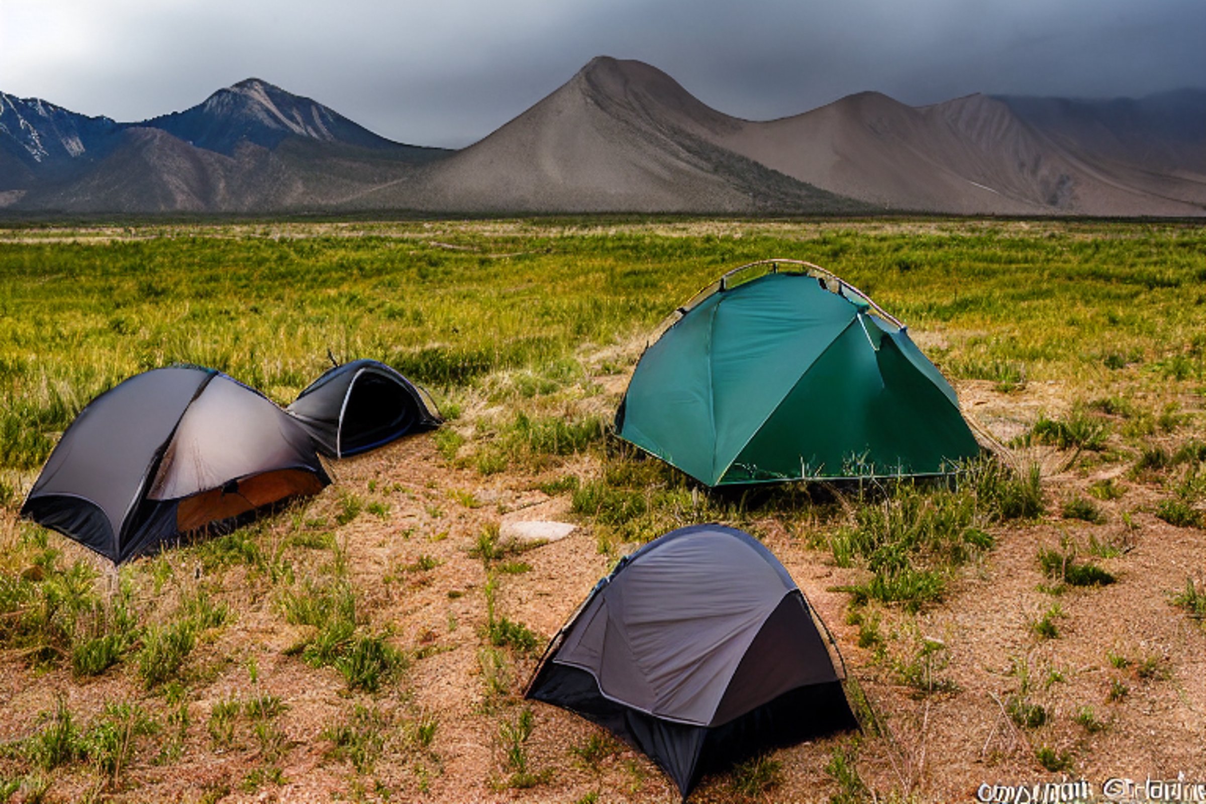 A black tent rests on a dirt campsite surrounded by tall, wet grass. Rainy sunrise light shines over the sandy dunes and mountain in the distance, while camping chairs and a gear box sit nearby.