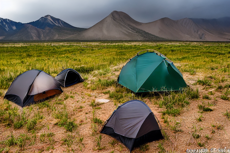 A black tent rests on a dirt campsite surrounded by tall, wet grass. Rainy sunrise light shines over the sandy dunes and mountain in the distance, while camping chairs and a gear box sit nearby.