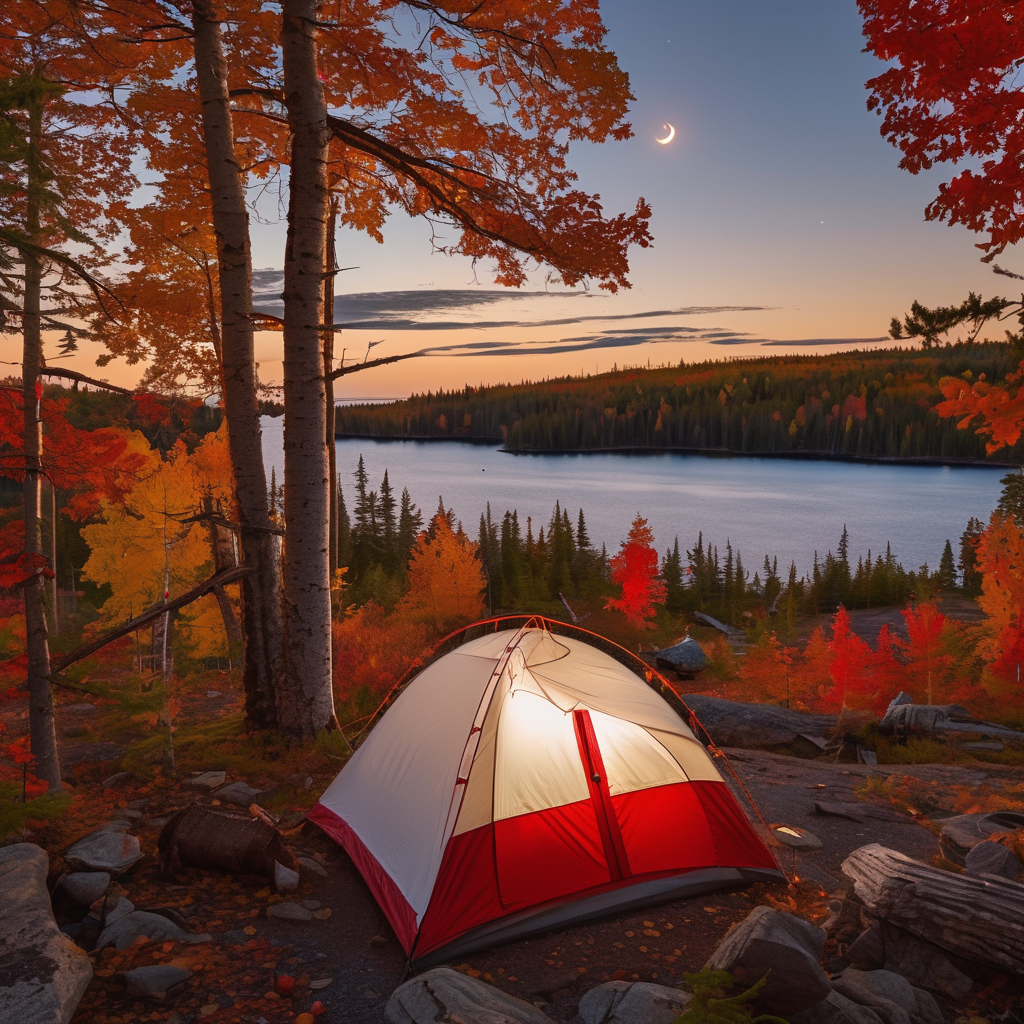 A red and white tent rests among bright fall trees under a crescent moon. From the cliff edge, you can spot a glowing lantern and an axe stuck in a tree stump.