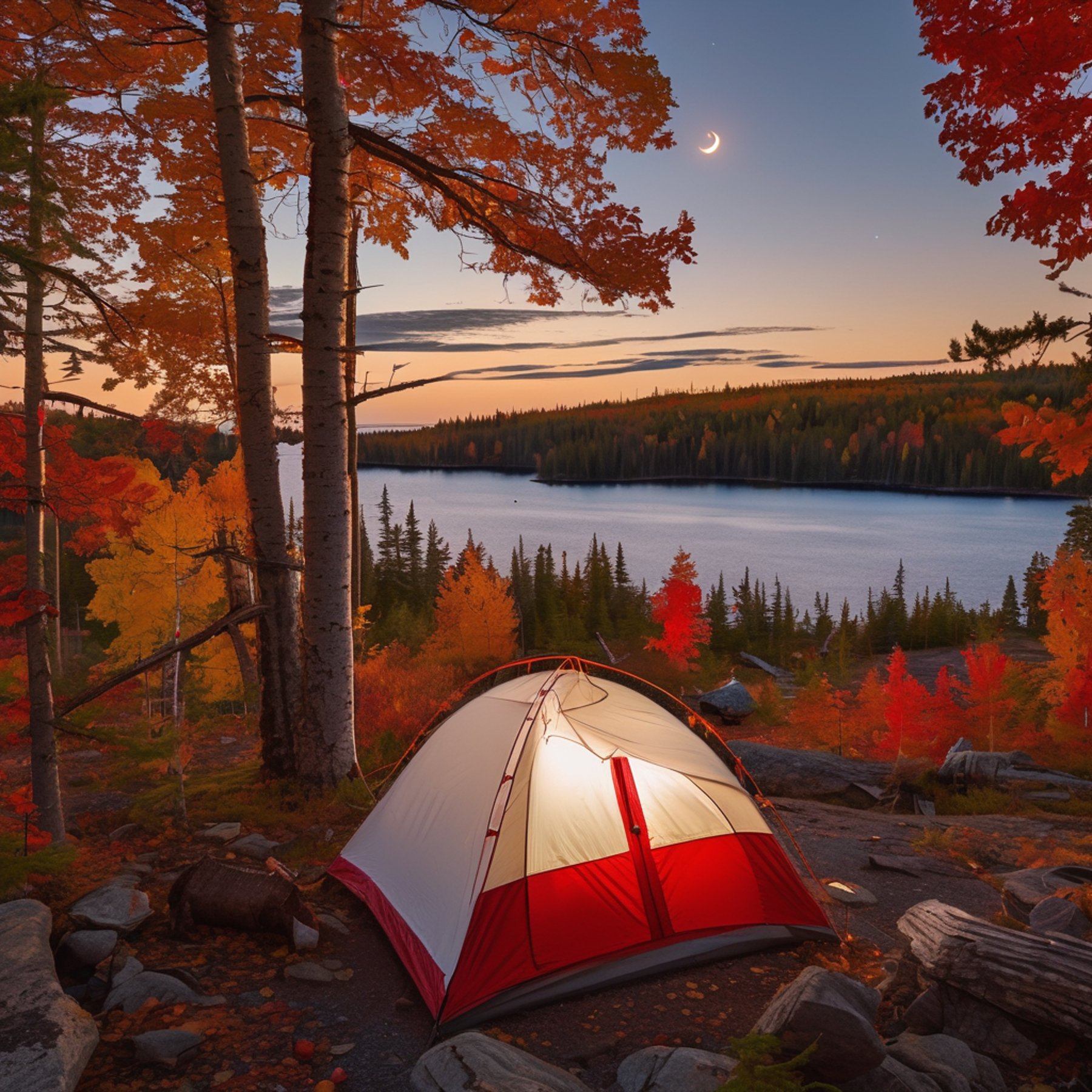 A red and white tent rests among bright fall trees under a crescent moon. From the cliff edge, you can spot a glowing lantern and an axe stuck in a tree stump.