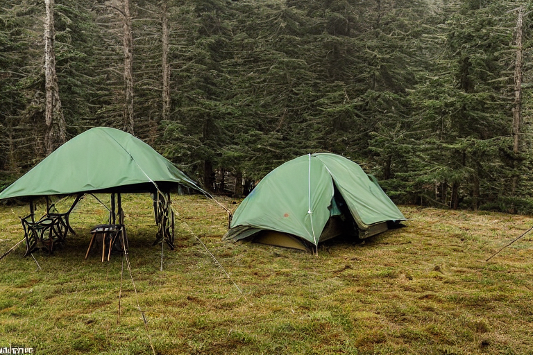 A green camo tent rests beside a campfire on a quiet, foggy campsite near Cannon Beach. Small trees, a picnic table, and distant mountains surround the dirt clearing, with a wooden twig lying nearby.