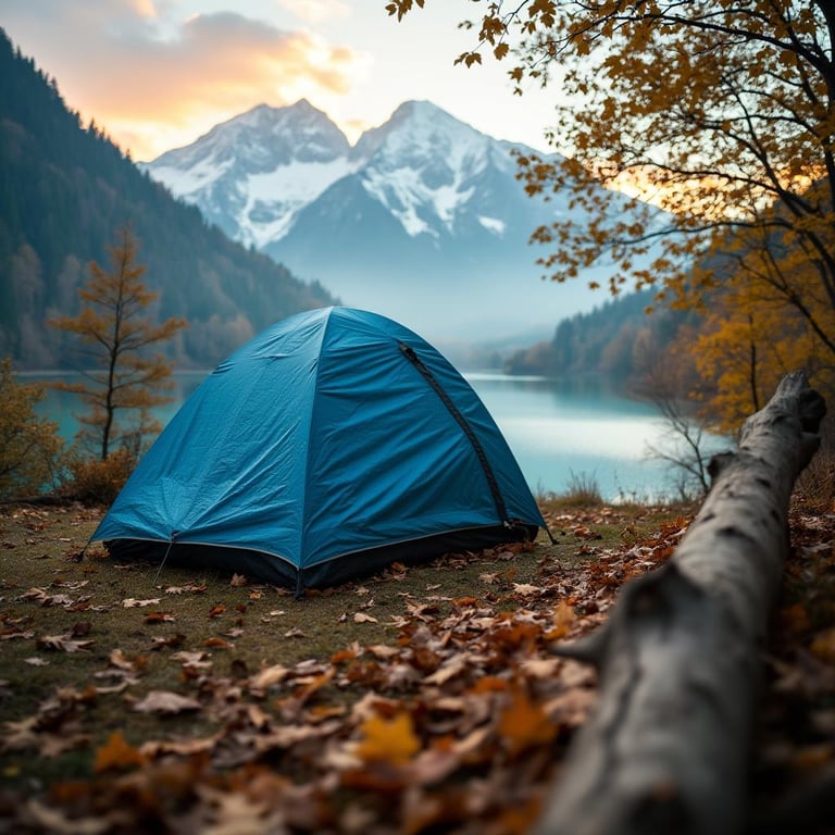 A bright blue tent rests among fallen leaves in Plitvice Lakes National Park. Misty mountains rise in the distance, with a snowy peak glowing in the golden light. A small twig lies on the quiet forest floor.