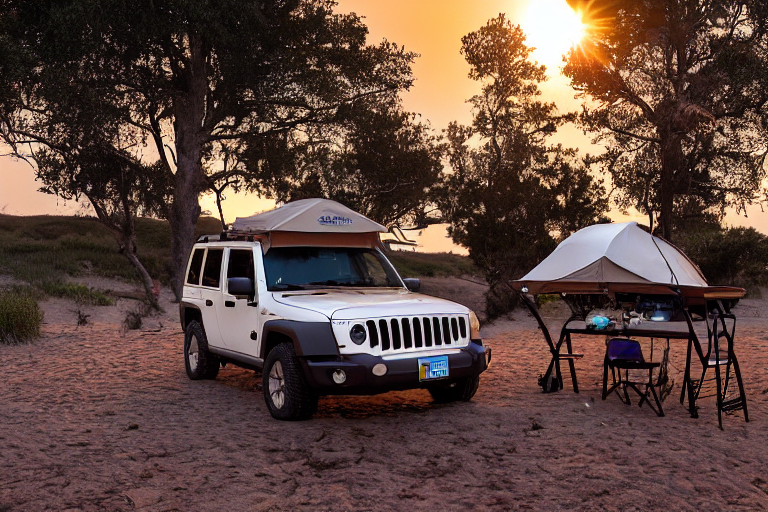 A brown Jeep with its rooftop tent open rests at a beach campsite in San Diego. Sunset clouds glow above the small trees, while a guitar, clothesline, and hanging clothes add a cozy feel. A dirt patch sits in the center beside the paved parking spot.