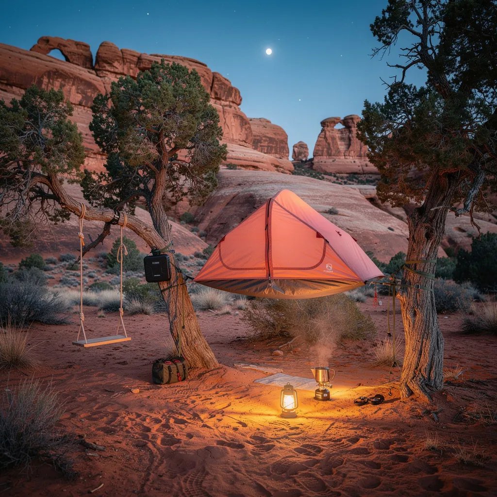 Red rock hills and tall sandstone fins surround a quiet campsite as the sky turns deep blue and the first stars appear. A coral tree tent hangs between two tough juniper trees, with a rope swing swaying nearby. A lantern glows beside a small stove where coffee steams, and soft footprints trail through the sandy ground.