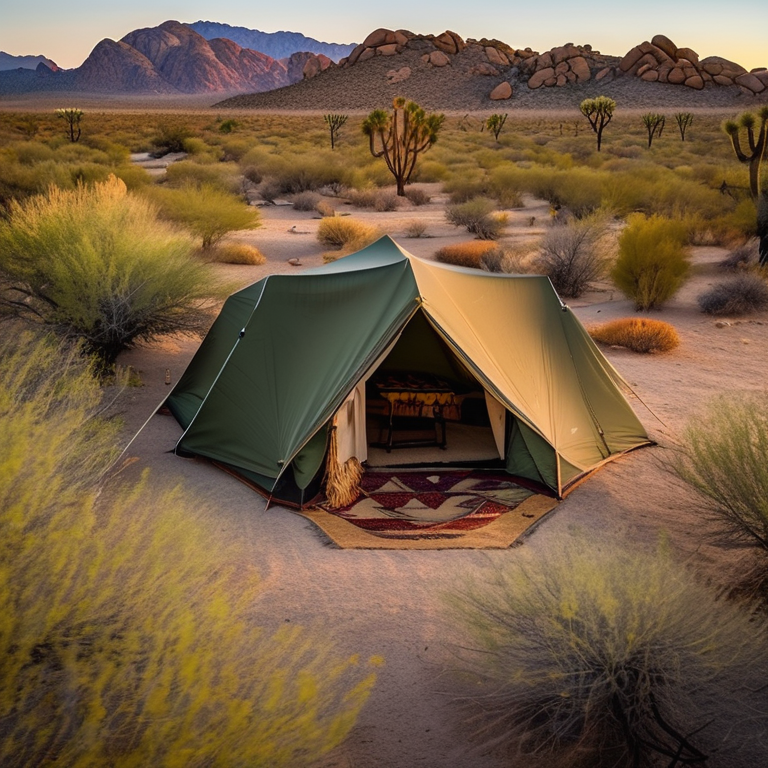 A green and tan tent rests on a paved campsite in Joshua Tree National Park. Tall grass, fall-colored trees, and a picnic table surround the camp, while soft fog glows in the sunset. A deer stands quietly in the distance.