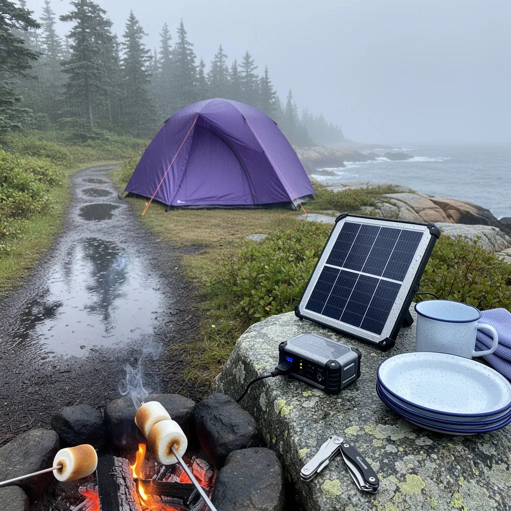 A cozy campfire crackles on the wet, rocky shore as marshmallows slowly toast in the rain. A purple tent sits by a shiny, muddy path, while mist rolls over the dark green pines and quiet ocean. A small solar panel glows on a boulder, soaking up light to power the campsite.