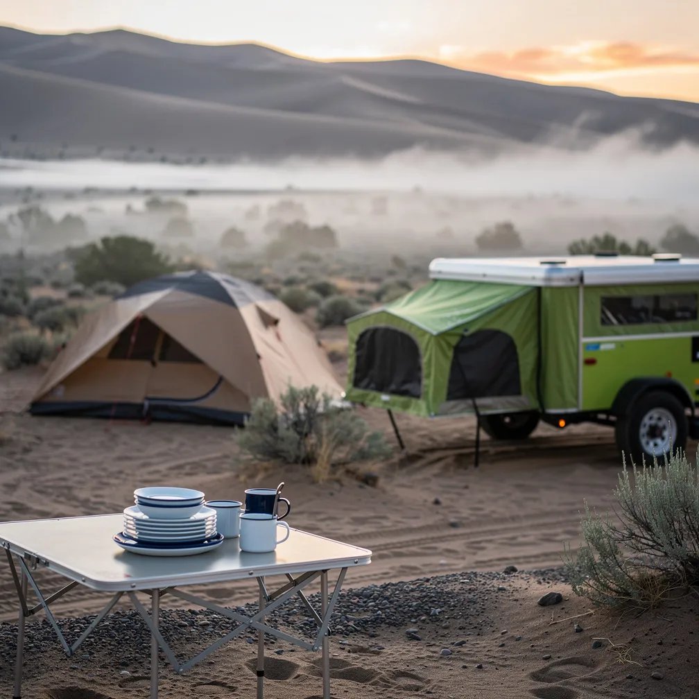Cool morning fog drifts through the tall sand dunes, making the campsite feel quiet and dreamy. A lime-green pop-up camper sits near a tent on the sandy ground, with a few desert shrubs nearby. On a small table, enamel plates are stacked neatly and catch the soft dawn light.