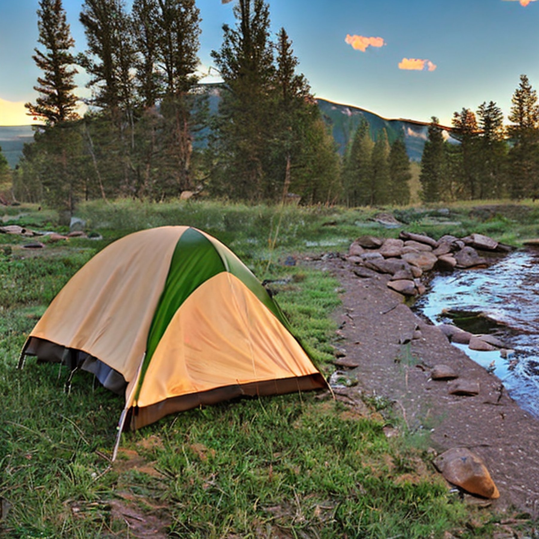 A green and tan tent rests beside a clear stream at a peaceful Colorado campsite. Sunset light warms the trees and leaves scattered across the ground. Camping chairs sit near a dirt clearing under the wide, clear sky.