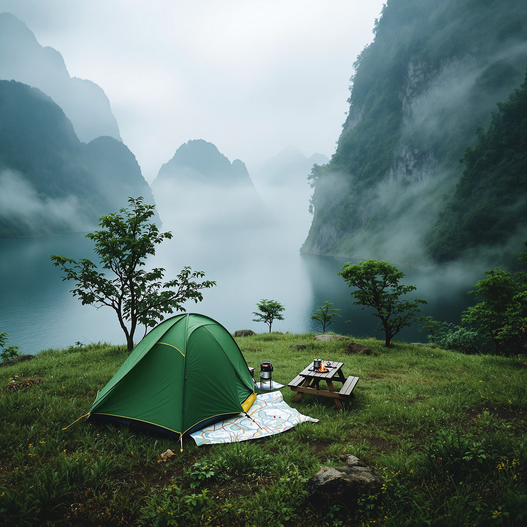 This cozy campsite sits beside a calm lake surrounded by tall, misty mountains. The green tent and picnic table invite you to relax and enjoy the peaceful nature. Soft clouds float among the trees, making it feel like a magical place.