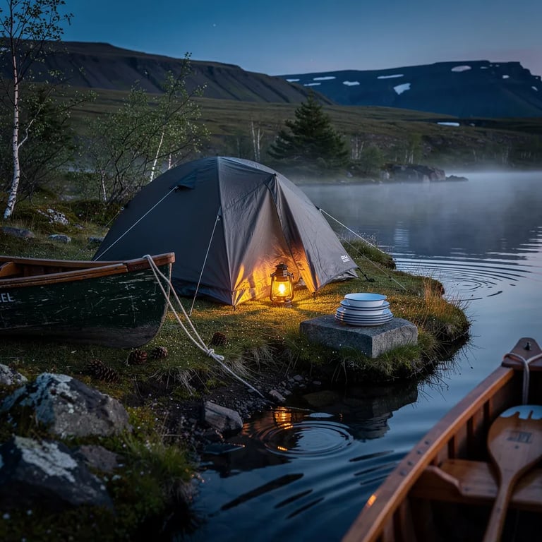 A quiet tent sits on a misty lake shore under the soft blue night sky. The water is calm like glass, and the damp mossy ground sparkles with dew. A weathered canoe rests beside the tent, and a warm lantern glow makes the campsite feel cozy and safe.