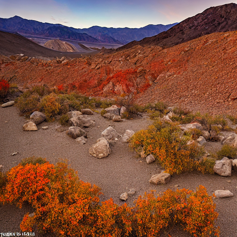 A bright red tent rests on a rocky patch in Death Valley, surrounded by bushes, boulders, and trees glowing with fall colors. A small campfire warms the rainy campsite as the sun sets over the wild landscape.