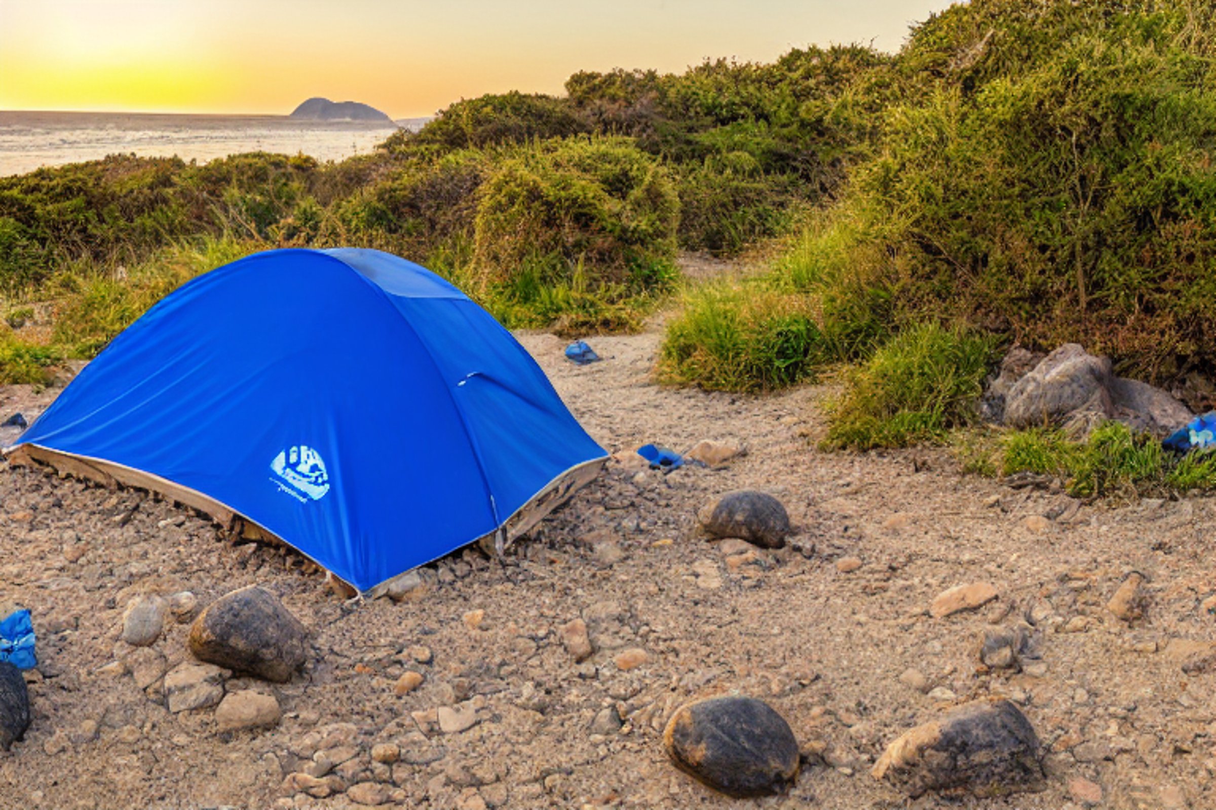 A bright blue tent rests on a quiet dirt campsite beside the ocean. Warm sunset light shines across the rocky ground, boulders, and winding hiking path. It feels sunny, peaceful, and perfect for a beach adventure.