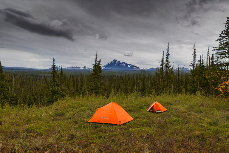 An orange Subaru with an open rooftop tent rests in an Alaskan campsite. Tall grass, fall-colored trees, and a cozy hammock surround the dirt campfire area. Rainy skies add a peaceful wilderness mood.