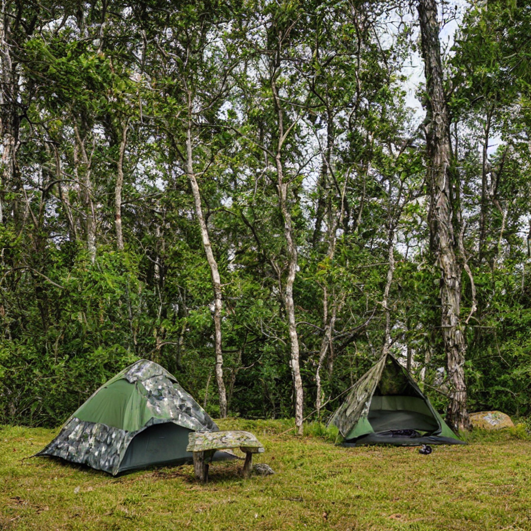 A green camo tent rests beside a warm campfire on a sandy beach at sunset. A small stream winds through the campsite, with smooth stone slabs, a picnic table, and a hammock tied between trees. The calm ocean and clear sky create a peaceful outdoor escape.