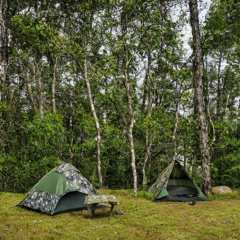 A green camo tent rests beside a warm campfire on a sandy beach at sunset. A small stream winds through the campsite, with smooth stone slabs, a picnic table, and a hammock tied between trees. The calm ocean and clear sky create a peaceful outdoor escape.