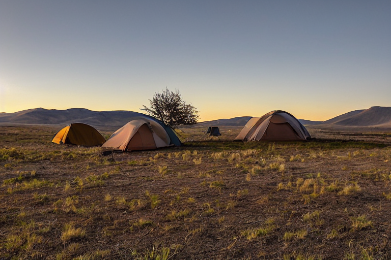 A cozy brown tent rests on a quiet dirt campsite in the snowy Idaho plains. A small stream winds through the camp, with chairs nearby for enjoying the sunrise. A pale moon hangs above the wide, open sky.