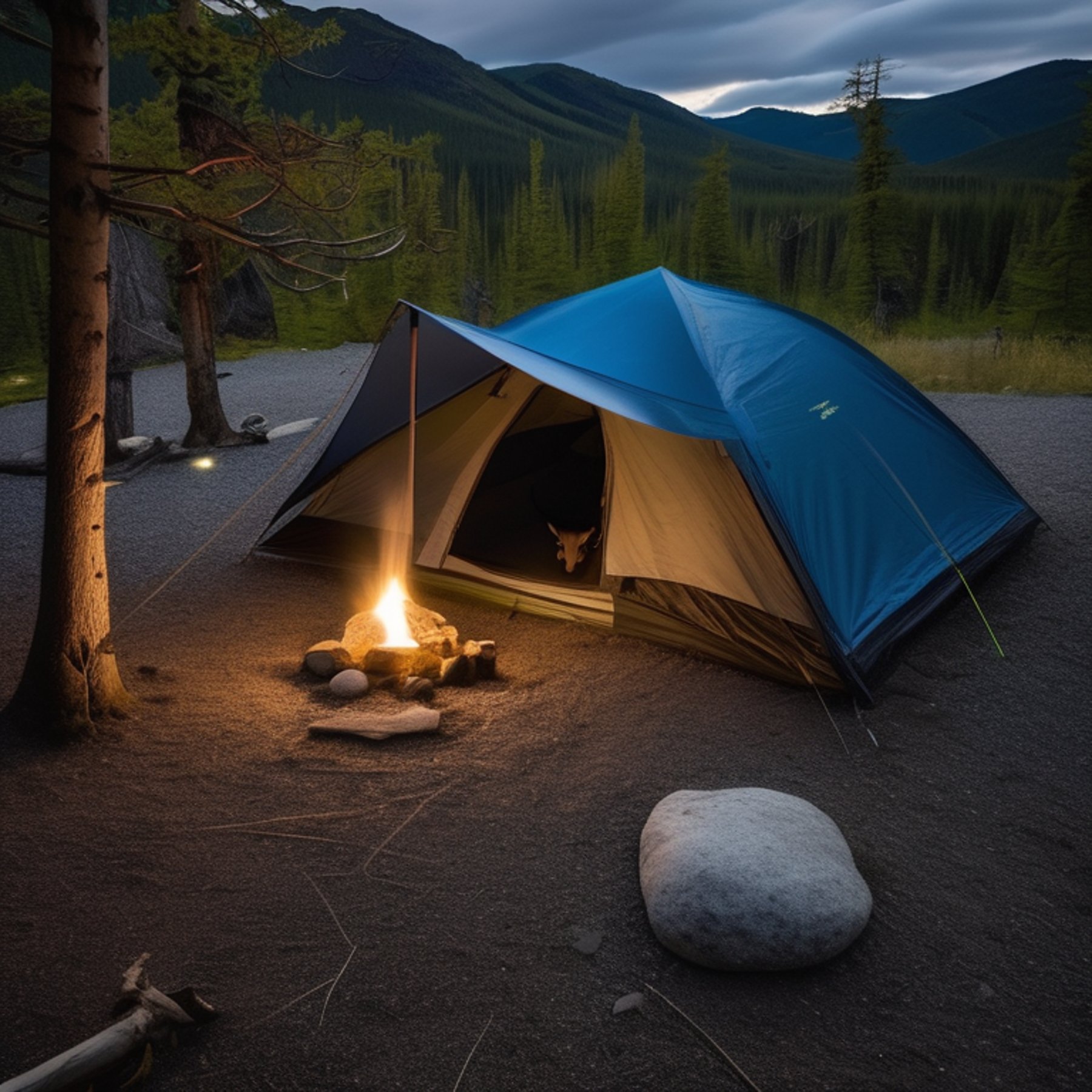 A blue and gray tent glows softly on a quiet paved campsite beneath a cloudy, star-filled sky. Mossy trees, stone patches, and a nearby hot spring create a peaceful setting, while a deer watches from the distance.