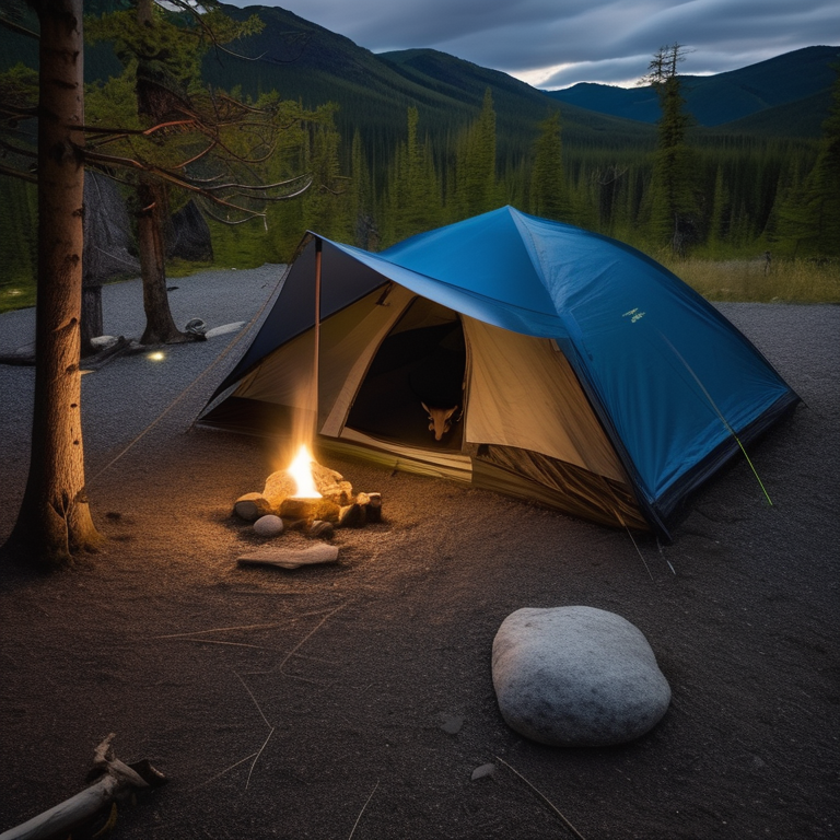 A blue and gray tent glows softly on a quiet paved campsite beneath a cloudy, star-filled sky. Mossy trees, stone patches, and a nearby hot spring create a peaceful setting, while a deer watches from the distance.