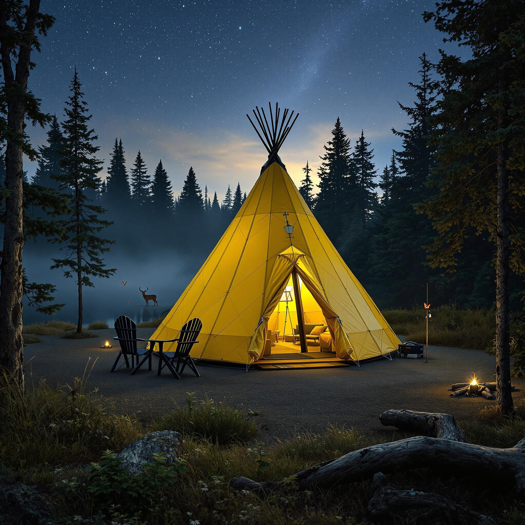 Under a starlit sky, a glowing yellow tepee sits cozily in a peaceful forest clearing. The gentle flicker of a campfire and the watchful gaze of a deer create a magical and calm atmosphere. Surrounding tall pine trees whisper softly in the night breeze, adding to the serenity.