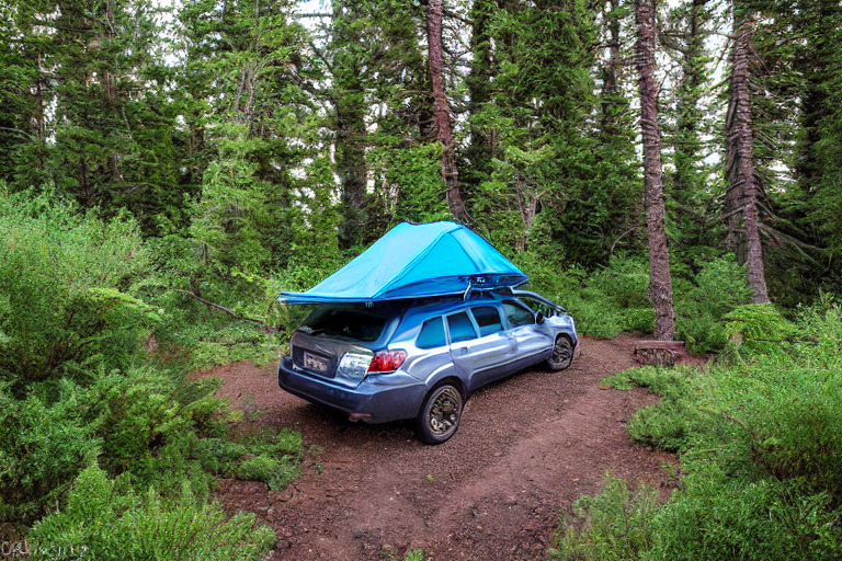 A blue Subaru with a rooftop tent rests at a peaceful campsite in Capitol Reef National Park. Ferns, fallen leaves, and mossy trees surround the dirt clearing as the warm sunset fills the air with a golden glow.