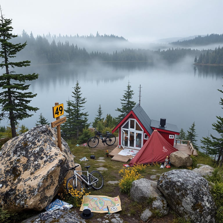 A red-and-white treehouse rests among the misty trees of North Shore, Minnesota. A tent, bicycle, map, and compass sit nearby, with a wooden sign marked “49.” Fog drifts through the valley around a large rock.