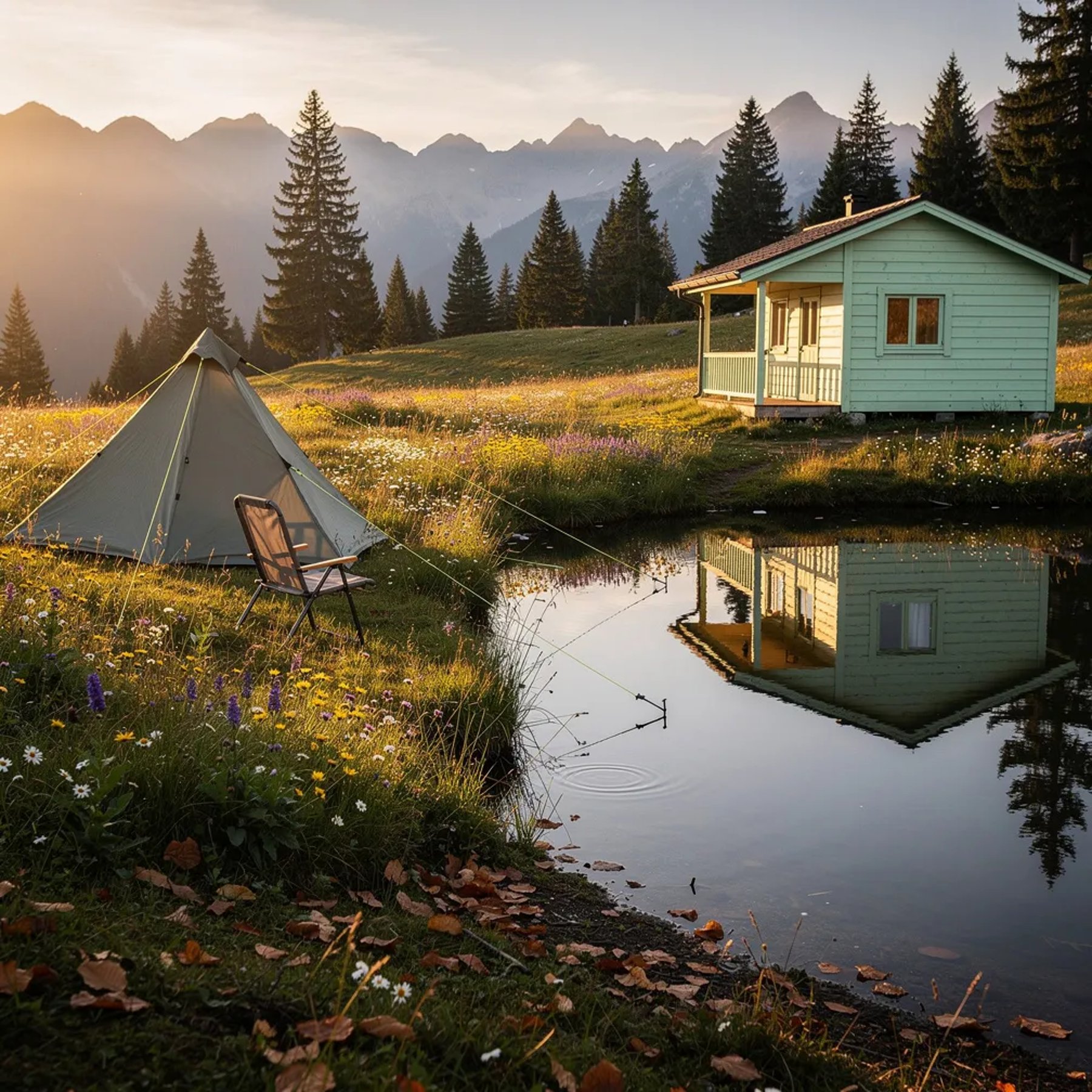 A mint-green cabin sits by a still alpine pond, glowing softly in the golden sunset. Wildflowers and a few fallen leaves line the shore, and pine-covered hills rise in the distance. A simple camp chair and tent lines rest in the meadow, and the calm water mirrors everything like glass.