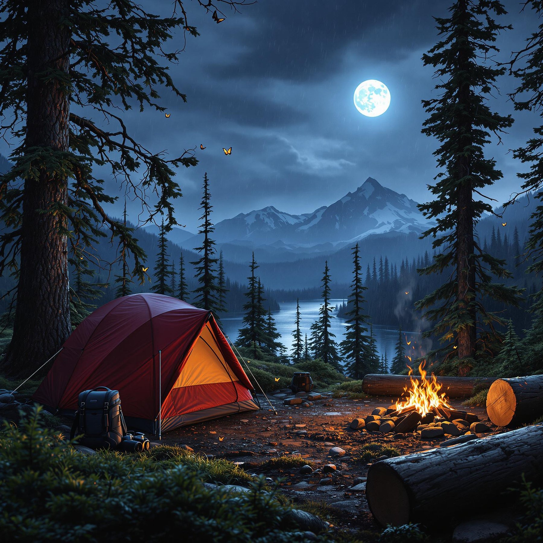 A burgundy tent rests among mossy trees in the quiet Alaskan wilderness. A campfire glows beside a large log under the full moon and light drizzle. A backpack, hanging binoculars, and fluttering butterflies add to the cozy scene.