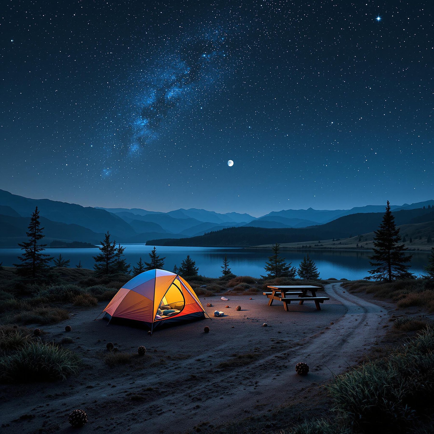 Under a starry sky, a cozy tent glows softly by a peaceful lake. Tall pine trees stand guard, while the Milky Way stretches out like a magical ribbon. A picnic table waits for campers to enjoy the serene, nighttime view.