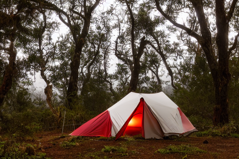 A red-and-white tent rests on a paved campsite near San Diego Beach. Fog drifts through the large trees, while gravel and a dirt patch surround the camp. In the distance, a person’s flashlight glows softly in the night.