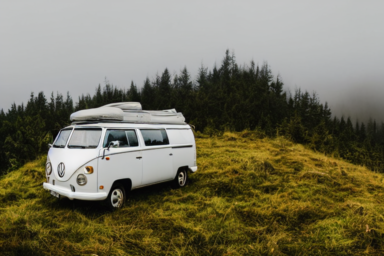A white campervan rests on a mountain campsite as dusk settles in. Fog drifts through mossy trees and thick bushes, while tall grass surrounds a small dirt patch. A backpack sits nearby, ready for adventure.