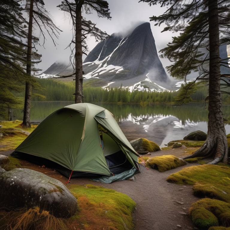 A green two-person tent rests beside a warm campfire in a quiet Norwegian forest. A dirt path winds past large rocks and boulders toward a misty mountain. Fog softens the peaceful daytime scene.